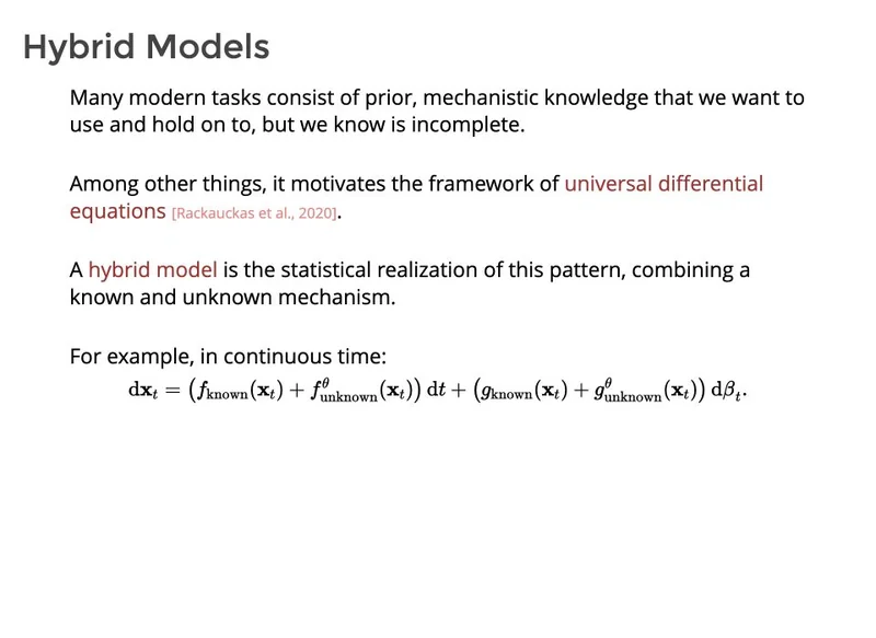 Slide introducing a hybrid model that combines known and unknown components of stochastic dynamics.